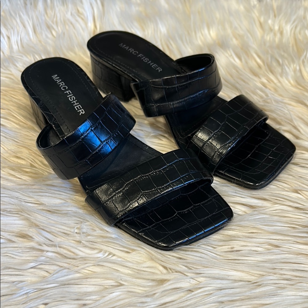 Marc Fisher Yori Black Square Toe Slip on Sandals